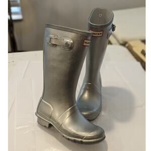 HUNTER Metallic Silver Sparkle Rainbow Glitter Rain Boots Size 3 Kids